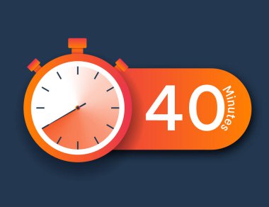 Kronometre simgesi 40 dakika. Zaman yönetimi ve son teslim tarihleri. Çalışkan çalışanlar için modern teknolojiler, bilgilendirme ve hatırlatma, uygulamalar ve programlar için simge. Çizgi film düz vektör çizimi