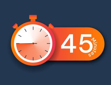 Kronometre simgesi 45 dakika. Zaman yönetimi ve son teslim tarihleri. Web sitesi için simgeler, programların ve uygulamaların geliştirilmesi için bildirim veya hatırlatma, motivasyon. Çizgi film düz vektör çizimi