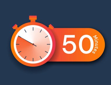 Kronometre simgesi 50 dakika. Zaman yönetimi ve son teslim tarihleri. Zamanın aşaması ve geçişi, uygulamalar ve programlar için bildirim, web sitesi için arayüz ögesi. Çizgi film düz vektör çizimi