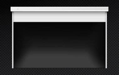 Garaj kapısının panjurları açık. Özel evlerdeki dış ve dış unsurlar. Binaları dekore etmek için modern ve minimalist bir tarz. Araba park yeri. Gerçekçi izometrik vektör çizimi