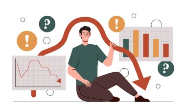 Girişimci iflas konsepti. Grafik ve çizelgelerin yanındaki adam, finansal başarısızlıklar, kriz. Finansal cahillik ve başarısız iş stratejisi, yeteneksiz iş adamı. Çizgi film düz vektör çizimi