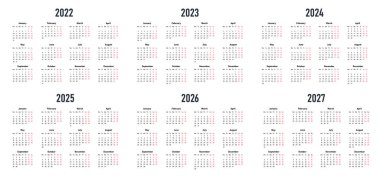 Takvimler 2022 2027. Karton üzerine yazdırmak için grafiksel elementler. Modern ve minimalist tarih ve takvim tasarımı. Başvuru için resim koleksiyonu. Çizgi film düz vektör çizimi