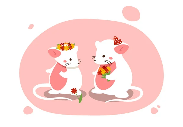 Egerek Virágokkal Aranyos Patkányok Virágokkal Plakát Vagy Banner Valentin Nap — Stock Vector