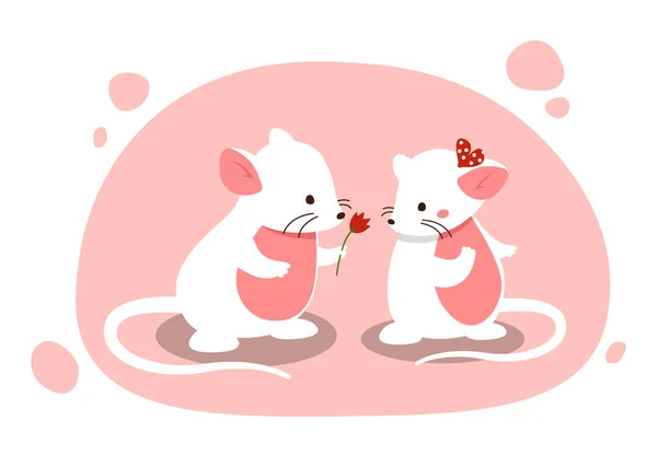 老鼠送花 可爱的一对哺乳动物 浪漫的约会和给你心爱的人的惊喜 爱和关心 情人节贺卡的别致设计 卡通平面矢量插图 — 图库矢量图片