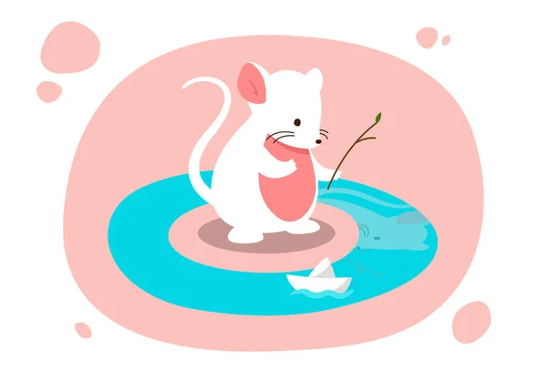 Mouse Launches Ship Cute Character Sends Bouncy Boat River Puddle — Stock Vector