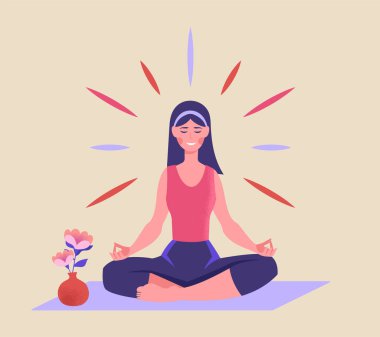 Özgürlüğün ve hayatın tadını çıkarıyor. Kadın lotus pozisyonunda oturur ve meditasyon yapar. Yoga, asana ve esneme hareketleri. İç denge ve sakinlik, iyimserlik ve pozitiflik kavramı. Çizgi film düz vektör çizimi