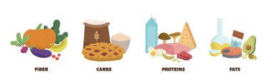 Sağlıklı makro besinler seti. Ürün, protein, yağ, karbonhidrat ve vitamin koleksiyonu. Dengeli beslenme ve doğru beslenme. Beyaz arkaplanda izole edilmiş çizgi film düz vektör çizimleri