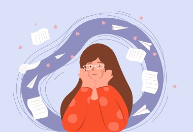 Psikolojik gerilim konsepti. Gözlüklü kız sorunları, akıl sağlığını düşünür. Üzüntü ve yalnızlık, panik ve stres, öğrenci ya da çalışan üzerinde baskı. Çizgi film düz vektör çizimi