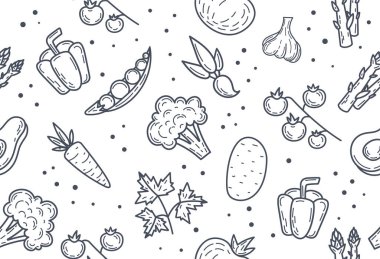 Sebzeler dikişsiz desen. Yatak örtüsü üzerine resim yazdırmak için tekrarlanıyor. Meyve ve sebzeler minimalist tarzda. Vejetaryen menüsü, düzgün beslenme ve beslenme. Çizgi film düz vektör çizimi