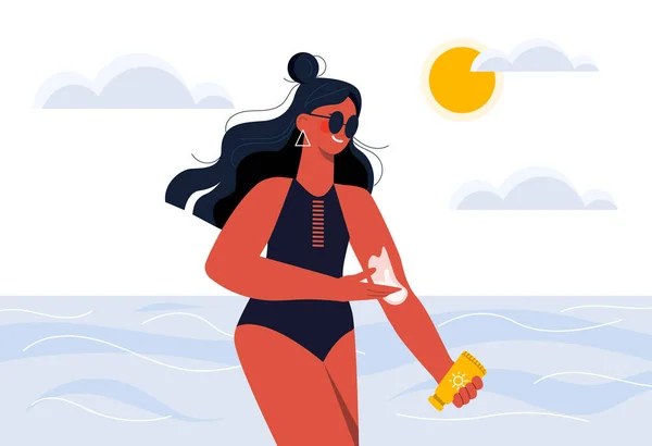 Chica Playa Mujer Aplica Crema Sobre Piel Turista Los Países — Vector de stock