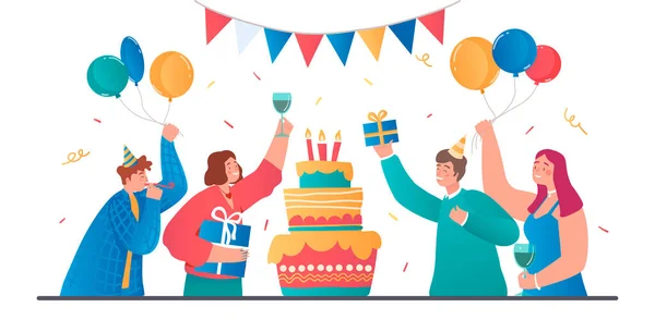 Mensen Vieren Hun Verjaardag Vrienden Met Cadeaus Buurt Van Taart — Stockvector