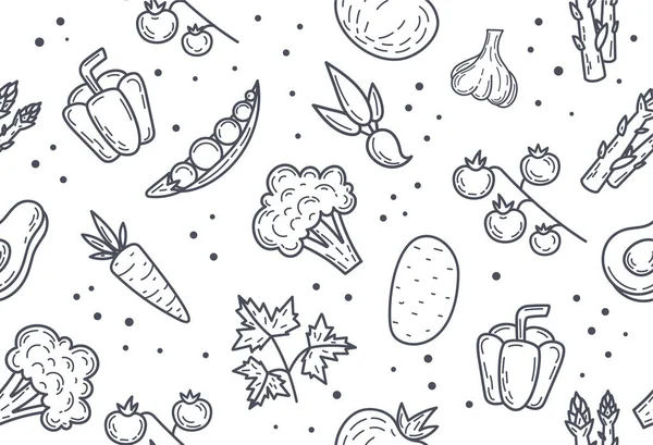 Sebzeler dikişsiz desen. Yatak örtüsü üzerine resim yazdırmak için tekrarlanıyor. Meyve ve sebzeler minimalist tarzda. Vejetaryen menüsü, düzgün beslenme ve beslenme. Çizgi film düz vektör çizimi