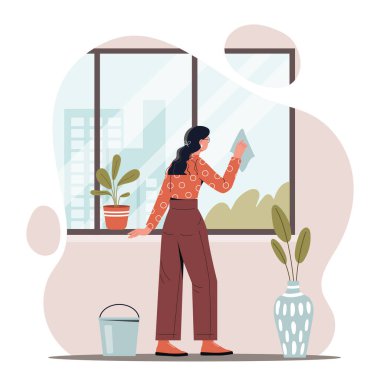 Temizlik süreci konsepti. Gözlüklü kız pencereleri paçavrayla siliyor. Günlük rutin işler, evde rahatlık ve rahatlık. Saflık Günü, ev temizliği. Çizgi film düz vektör çizimi