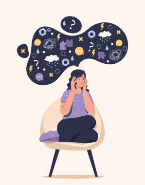 Akıl sağlığı farkındalığı. Sandalyede oturan kız. Yalnızlık, düşünceli bir karakter. Psikoloji, kendini tanıma, bilinçli kişilik. Karakter, iç sorunları çözer. Çizgi film düz vektör çizimi