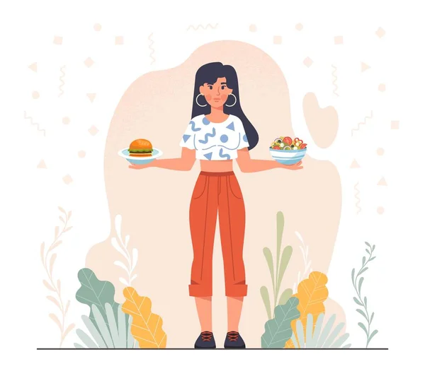 食物选择的概念 女孩站在两个盘子 性格决定了吃汉堡包还是蔬菜沙拉 保健与垃圾食品 素食与肉类 卡通平面矢量插图 — 图库矢量图片