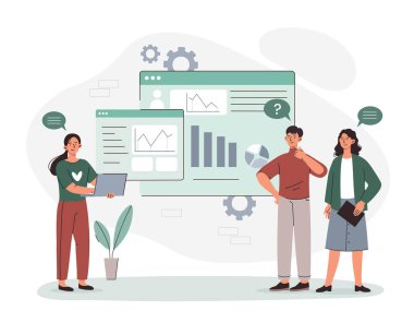 İş planı konsepti. Çalışanlar grafikleri ve çizelgeleri analiz eder. İstatistiklerle çalışan analistler gelir ve giderleri değerlendiriyor. Şirkette planlama ve strateji kurma. Çizgi film düz vektör çizimi