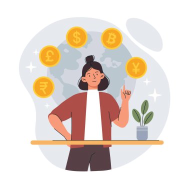 Farklı para birimleri olan bir kadın. Elinde bozuk paralar olan bir kız, yatırımcı mali durumları değerlendiriyor ve birikimlerini yatırmanın en iyi yolunu arıyor. Finansal okuryazarlık ve analitik. Çizgi film düz vektör çizimi