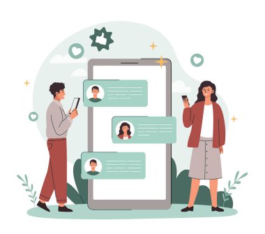 Akıllı telefondan mesajlar. Erkekler ve kızlar aletlerin ve aletlerin yanında. İnternetteki iletişim, sosyal ağlar ve anında kuryeler. Arkadaşlar ya da iş arkadaşları sohbet ediyor. Çizgi film düz vektör çizimi
