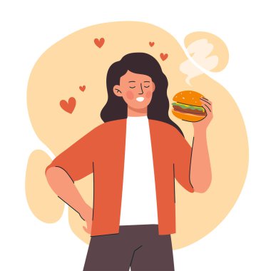 Hamburger yiyen bir kadın. Hamburgerci kız, fast food ve kötü diyet. Sağlıksız, abur cubur ama lezzetli yemek ve beslenme. Cafe ya da catering mağazaları için afiş ya da afiş. Çizgi film düz vektör çizimi