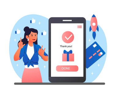 Başarılı satın alma konsepti. İnternetten mal alan, internetten alışveriş yapan bir kadın. Alıcılar için özel bir teklif. Nakit para transferleri yok. Çizgi film düz vektör çizimi