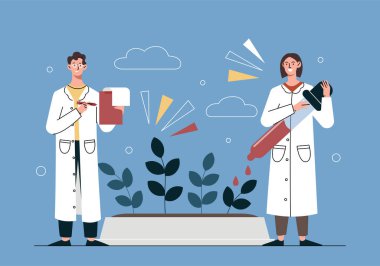 Laboratuvardaki botanikçiler. Tıbbi giysili kadın ve erkek pipetten bitkiye maddeler ekliyor. Kimyasal deneyler, bilim ve araştırma için reaksiyonlar ve maddeler. Çizgi film düz vektör çizimi