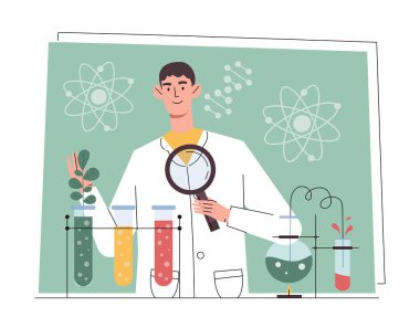 Laboratuvar analiz konsepti. Büyüteci olan adam test tüplerini çeşitli maddelerle inceliyor. Bilimsel kimyasal araştırmalar ve bitki gübrelerinin geliştirilmesi. Çizgi film düz vektör çizimi