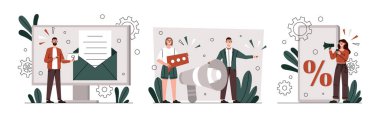 Sosyal medya tanıtımı. İnternet pazarlaması, SEO veya SMM uzmanları müşterilere özel teklifler ve satışlar hakkında bilgi verirler. Web sitesi için reklam afişleri ya da afişler. Çizgi film düz vektör çizimi
