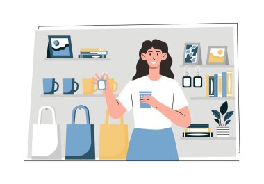 Hediyelik eşyaları olan bir kadın. Kız, kupa ve anahtarlık alıp basılı ya da taşra logoları kullanıyor. Turist, arkadaşlarına, iş arkadaşlarına ve ailesine yaptığı geziden hediyeler getiriyor. Çizgi film düz vektör çizimi