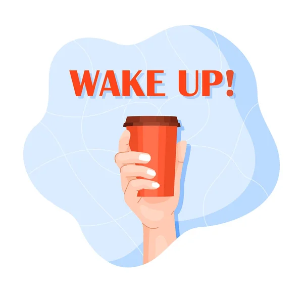 Держу Чашку Кофе Просыпайтесь Освежающие Утренние Напитки Кофеин Энергии Работе — стоковый вектор
