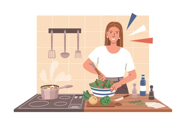 女人在家做饭 女主人料理家务和日常事务 准备晚饭沙拉的女孩 蔬菜和健康的食物 适当的素食 卡通平面矢量插图 — 图库矢量图片