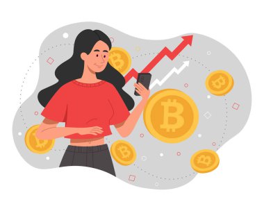Kripto para kavramı. Elinde akıllı telefon olan bir kadın büyüyen grafikleri değerlendiriyor. Finansal okuryazarlık ve yatırımlar. Engelleme teknolojisi, elektronik para. Çizgi film düz vektör çizimi