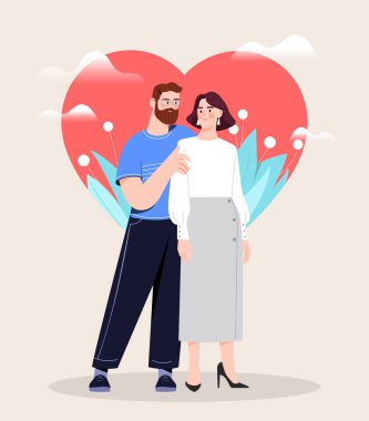 Kalpli bir çift. Erkek kadına sarılır, mutlu aile romantik bir randevuda. Romantik kart, sevgililer günü tebriği ya da evlilik yıldönümü. Sevgi, destek, yardım ve bakım. Çizgi film düz vektör çizimi