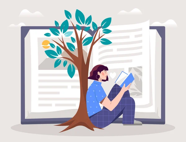 女性の読書本 教科書の女の子は木の下に座って 学生は夏の日に路上で宿題をします 詩や物語のための便利な趣味と愛 漫画フラットベクトルイラスト — ストックベクタ