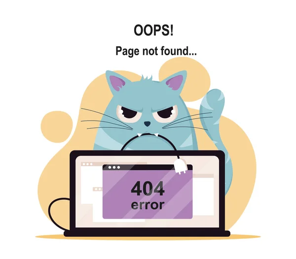 エラー404ポスター 怒っている猫はラップトップの隣に座って ユーザーはインターネット上で希望のページを開くことはできません 間違ったウェブサイトのリンク技術的な仕事 現代の技術とデジタル世界 漫画フラットベクトルイラスト — ストックベクタ