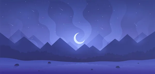 Landscape of mountains night. Moon rises above rocks and peaks. Wallpaper for phone or computer. Wildlife at night, snowy place and cold weather, high points. Cartoon flat vector illustration