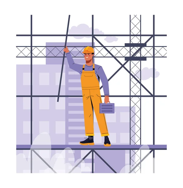 労働者の概念を廃止する ブリーフケース付き保護ヘルメットの男は家や大規模な建物を構築するのに役立ちます 建築家 建築家 工業用ポスターやバナー 漫画フラットベクトルイラスト — ストックベクタ
