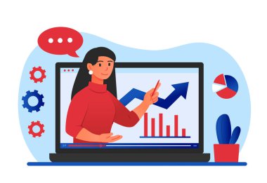 Çevrimiçi webinar konsepti. Kadın konferans veriyor, konferans. Grafik ve diyagramların analizi, sunum. İnternetteki kız istatistiklerle çalışıyor, yüksek lisans yapıyor. Çizgi film düz vektör çizimi