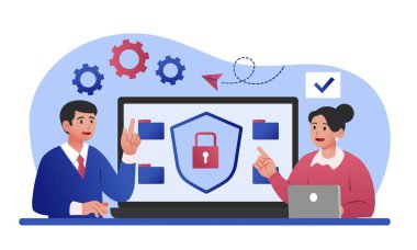 İş konseptini koruyorum. Kadın ve erkek hacklemeye karşı koruma seviyesini tartışıyor. Kişisel verileri kaydetmek için antivirüs. Modern teknolojiler ve dijital dünya. Çizgi film düz vektör çizimi