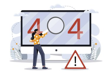 Hata 404 kavramı. Teknik destek, modern teknolojiler ve dijital dünya. Kadın internette sayfa bulamıyor, web sitesine yanlış bağlantı kuramıyor. Programcı koddaki hataları düzeltir. Çizgi film düz vektör çizimi