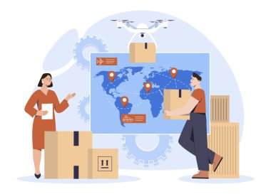 Küresel lojistik konsepti. Depodaki kadın ve erkek paketler için teslimat adreslerini belirler. İnternetten alışveriş ve ev teslimatı. Çalışanlar kurye için rota çizerler. Çizgi film düz vektör çizimi