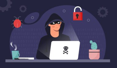 Hacker aktivite konsepti. Siyah maskeli ve kapüşonlu bir adam dizüstü bilgisayarın başında oturuyor. Scammer kişisel bilgileri çalıyor, kod yazıyor ve virüs yaratıyor. İnternette tehlike, web sitesi hacklemesi. Çizgi film düz vektör çizimi
