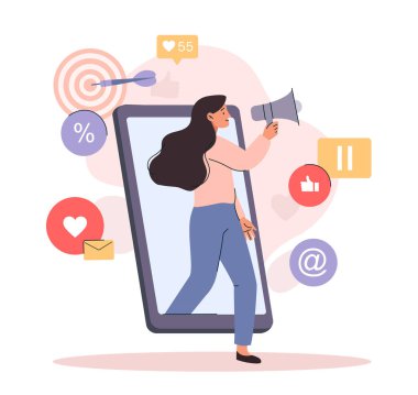 Sosyal medya pazarlaması. Hoparlörü akıllı telefonun yanında olan kız. Modern teknolojiler ve malların internette tanıtımı. Bir kadın ürün almak için arkadaşlarını arıyor. Çizgi film düz vektör çizimi