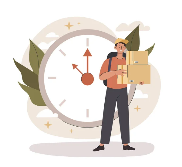 Courier Parcels Man Boxes Stands Front Clock Modern Services Online — Stockvektor