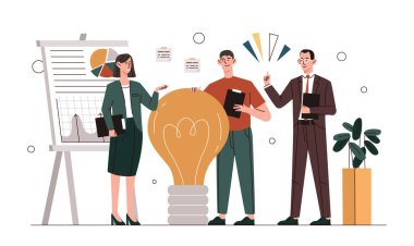 Business strategy concept. Male and female entrepreneurs develop creative idea to achieve success. Partners analyze financial statistics and planning development. Cartoon flat vector illustration