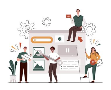 Dijital Pazarlama konsepti. Genç erkekler ve kadınlar internet ya da sosyal ağlarda tanıtım için içerik ya da iniş sayfaları oluştururlar. İnternette iş ilanı. Çizgi film düz vektör çizimi