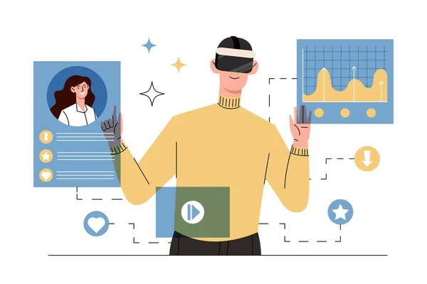 Muž Brýlemi Virtuální Reality Ten Chlap Používá Moderní Technologii Společnost — Stockový vektor