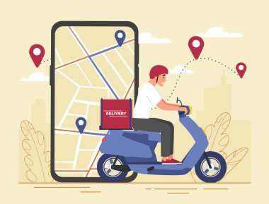 Teslimat kavramı. Motosikletli bir adam kutuyla müşteriye mal taşıyor. Ev teslimatı ve modern hizmetler. Lojistik ve kargo taşımacılığı, ulaşım kuryesi. Çizgi film düz vektör çizimi