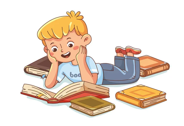 Çocuk Kitaplardan Öğreniyor Küçük Gülümseyen Çocuk Kitapların Arasında Yatıyor Ilginç — Stok Vektör