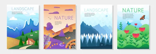 Set Posters Nature Landscape Banners Different Seasons Autumn Leaves Mountains — ストックベクタ