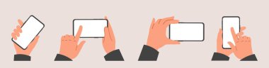 Set of Human hands hold mobile phone. Female or male palms hold smartphones with blank screens and touch with fingers. Design for advert. Cartoon flat vector collection isolated on beige background